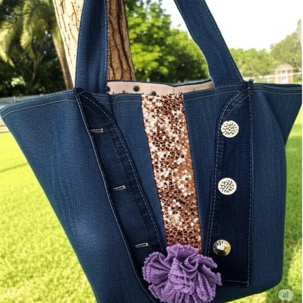 Denim Tote Bag Rose Gold Sequins Butterfly Patch